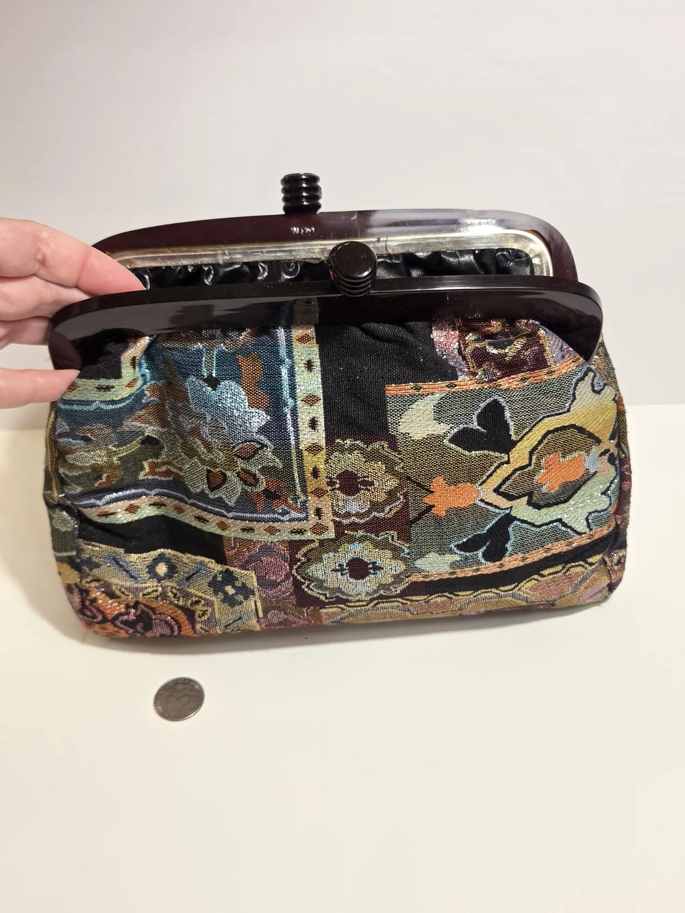 Patchwork With Tortoise Resin Frame Clutch Bag in Multicolor Vintage 1960s